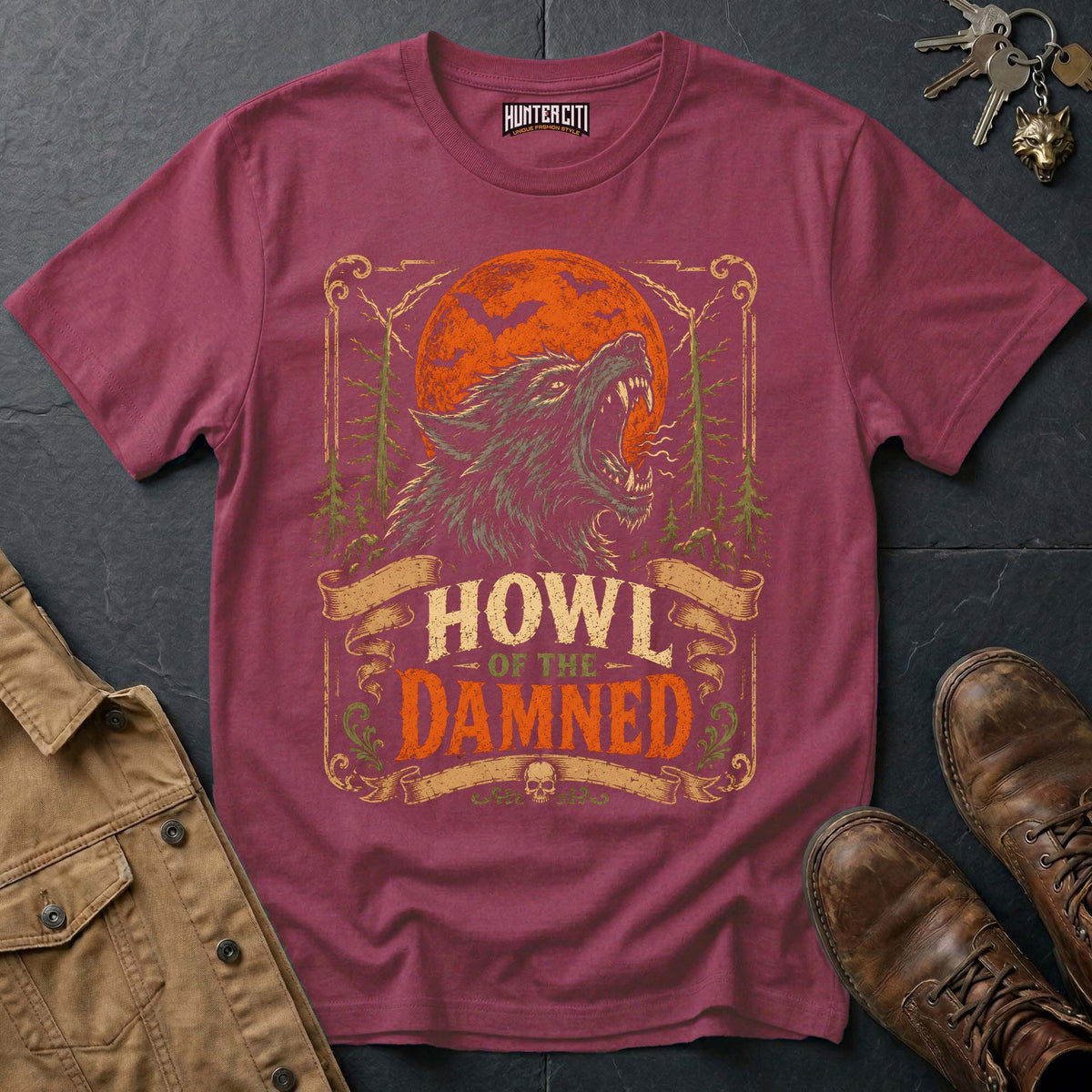 Howl of the Damned - Full Moon Wolf Horror Vintage Wolf Halloween T Shirt