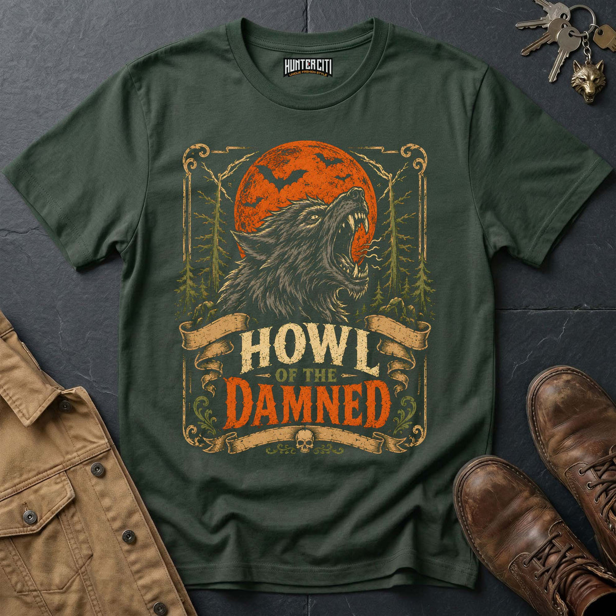 Howl of the Damned - Full Moon Wolf Horror Vintage Wolf Halloween T Shirt