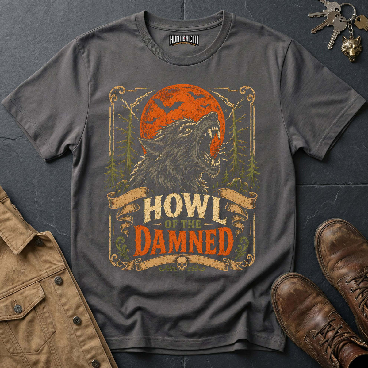 Howl of the Damned - Full Moon Wolf Horror Vintage Wolf Halloween T Shirt