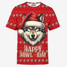 Load image into Gallery viewer, Happy Howl-iday Christmas Funny Santa Wolf Holiday Mens T-Shirt
