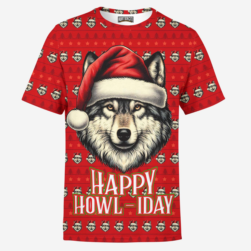 Happy Howl-iday Christmas Funny Santa Wolf Holiday Mens T-Shirt