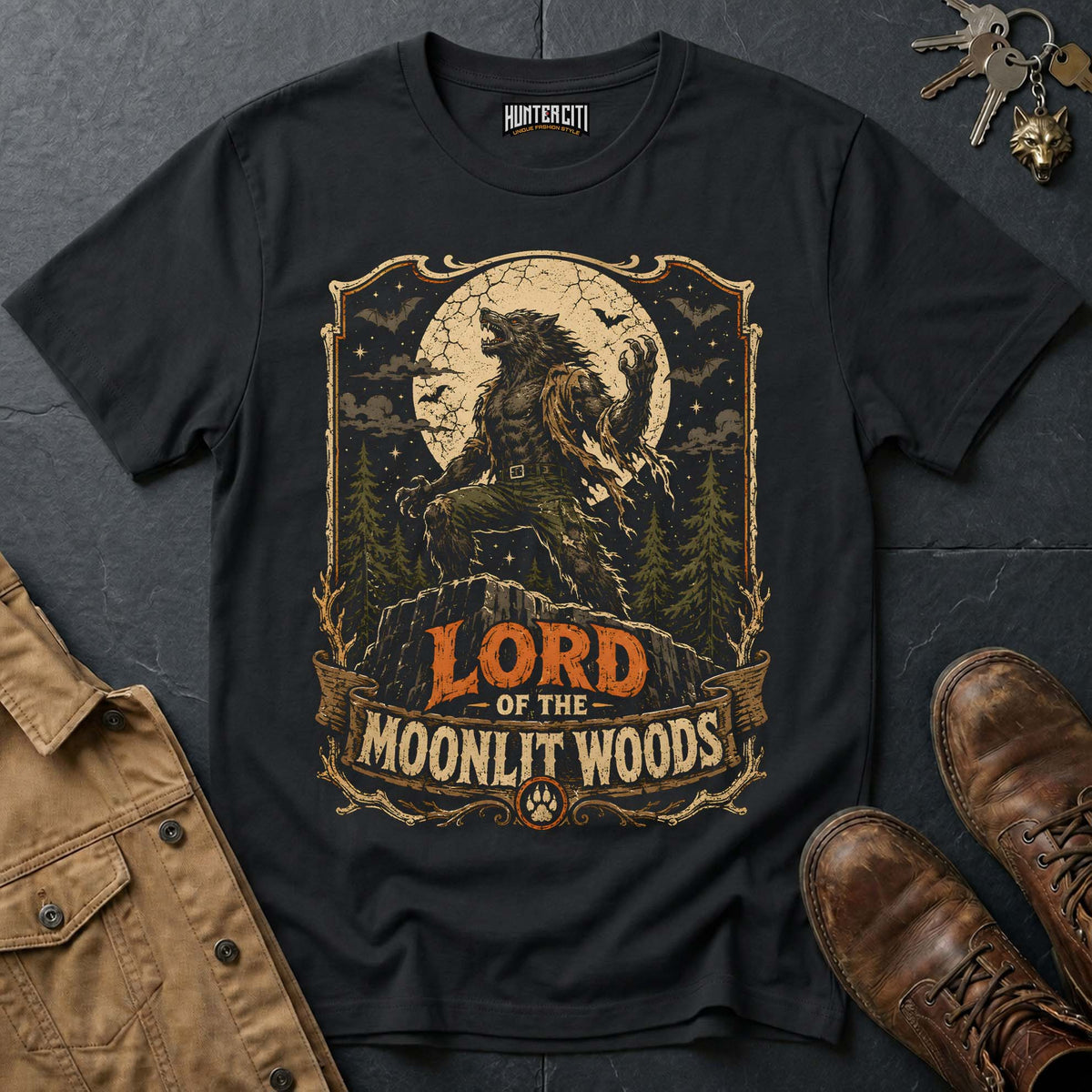 Lord of the Moonlit Woods - Werewolf Hunter Vintage Wolf Halloween T Shirt