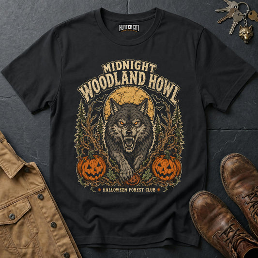 Midnight Woodland Howl - Halloween Forest Club Vintage Wolf Halloween Shirt