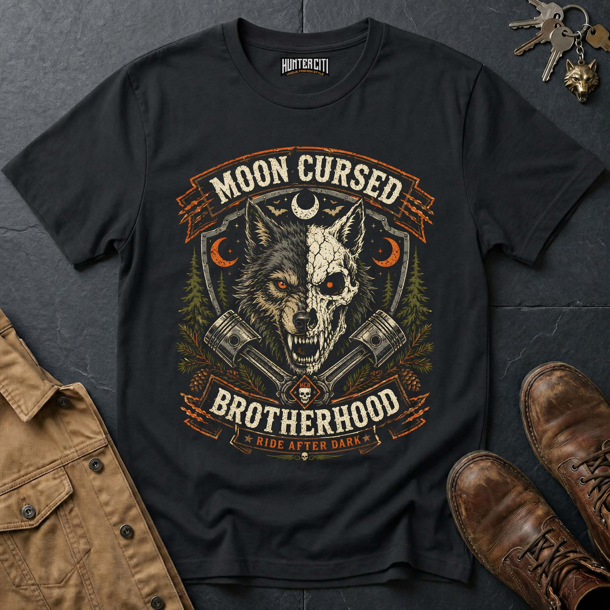 Moon Cursed Brotherhood - Ride After Dark Vintage Wolf Halloween T Shirt