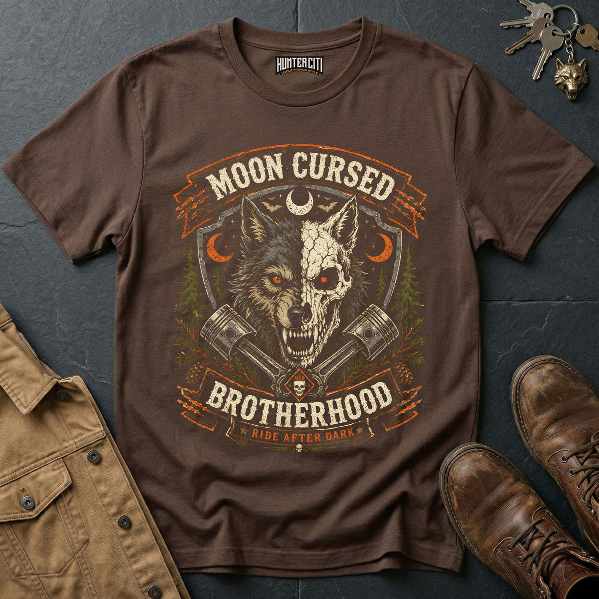 Moon Cursed Brotherhood - Ride After Dark Vintage Wolf Halloween T Shirt