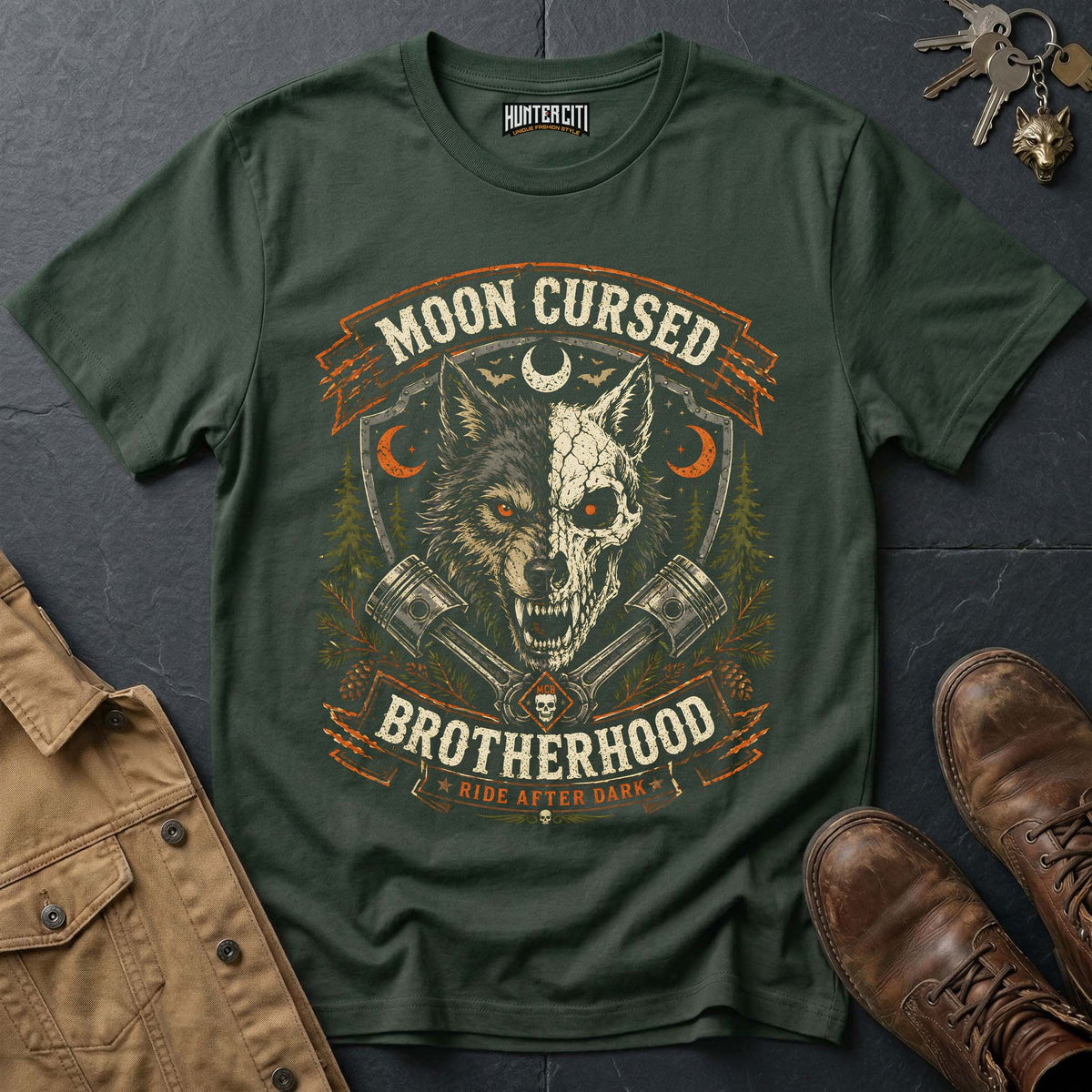 Moon Cursed Brotherhood - Ride After Dark Vintage Wolf Halloween T Shirt