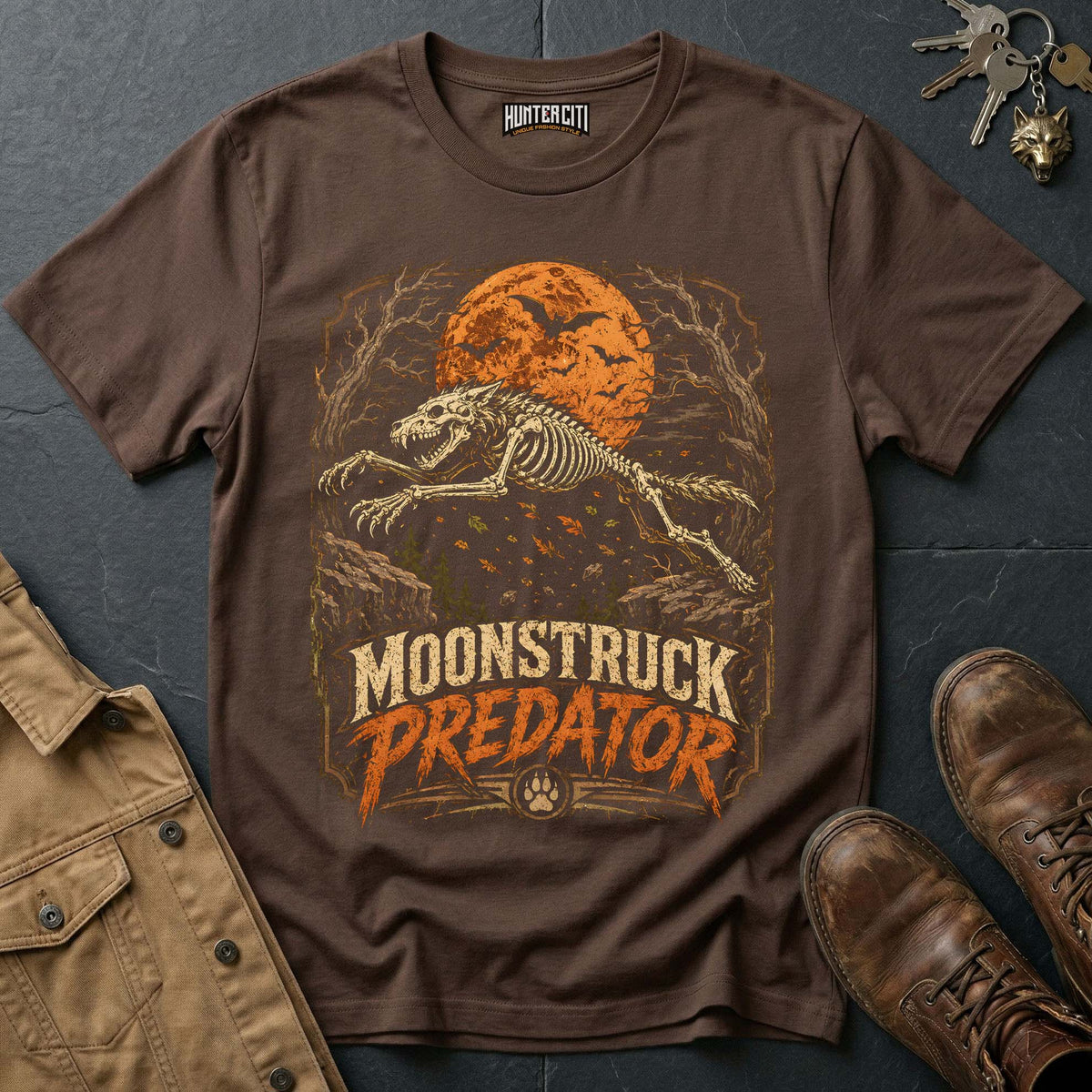 Moonstruck Predator - Running Skeleton Wolf Vintage Wolf Halloween T Shirt