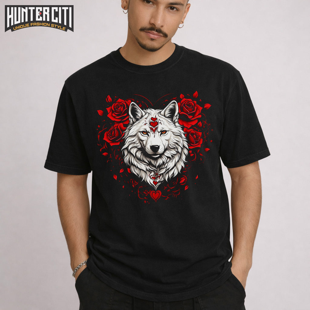 Valentine Wolf Rose Unisex T-Shirt – Comfort Colors 1717 Vintage Washed Tee for Wolf Lovers