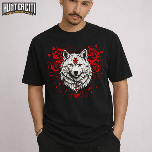 Valentine Wolf Rose Unisex T-Shirt – Comfort Colors 1717 Vintage Washed Tee for Wolf Lovers