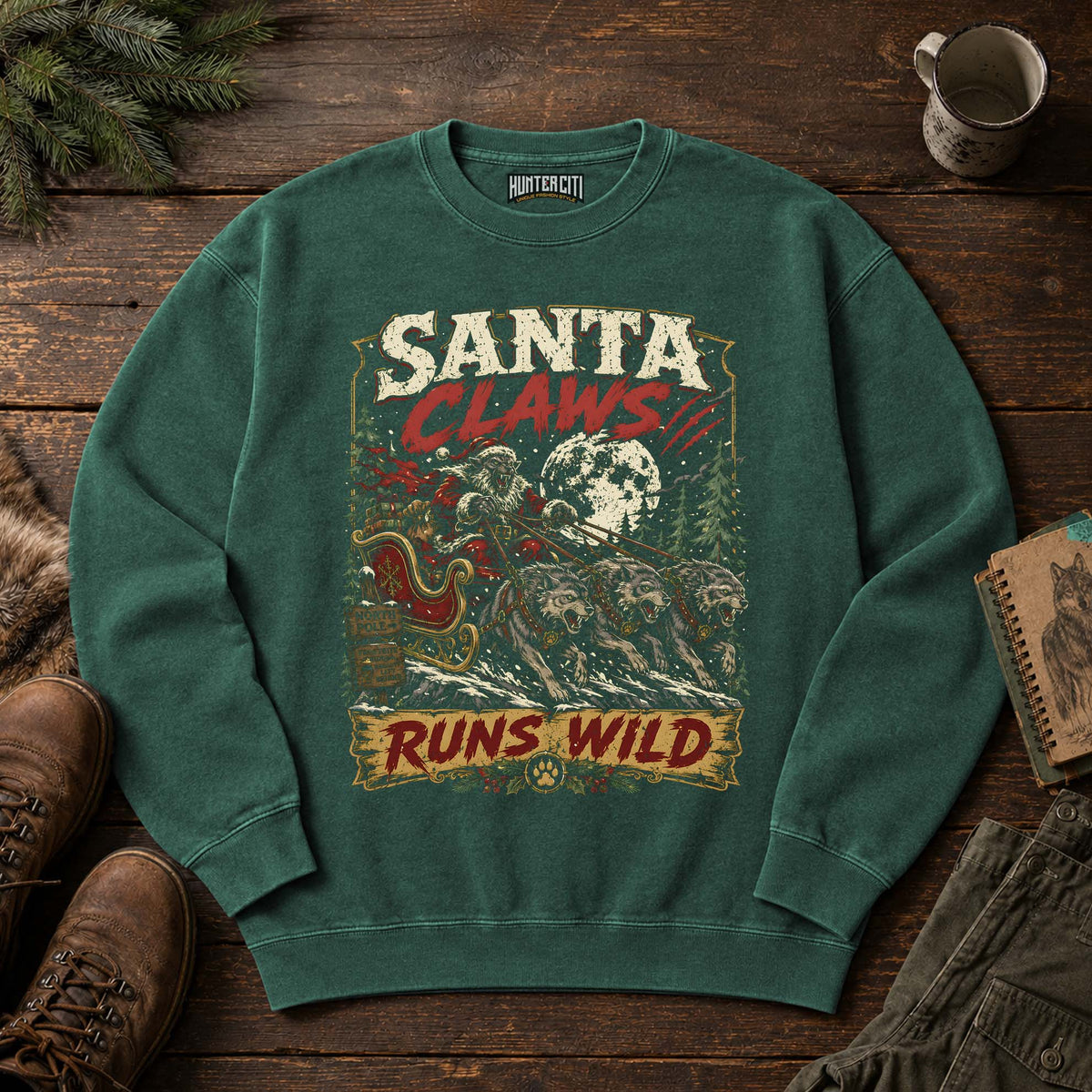 Santa Claws Runs Wild Wolf Sleigh Sweatshirt