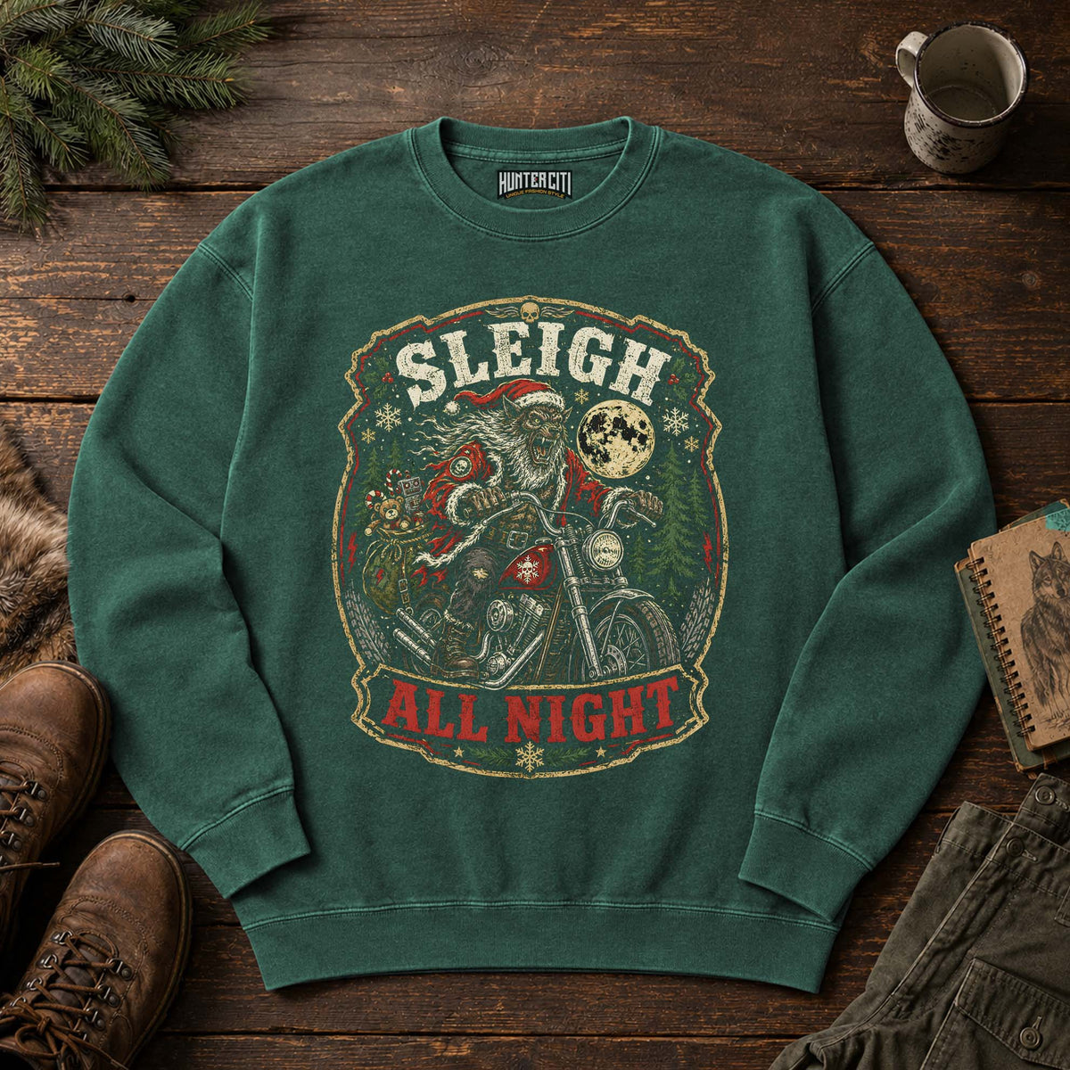 Sleigh All Night Werewolf Santa Biker Sweatshirt