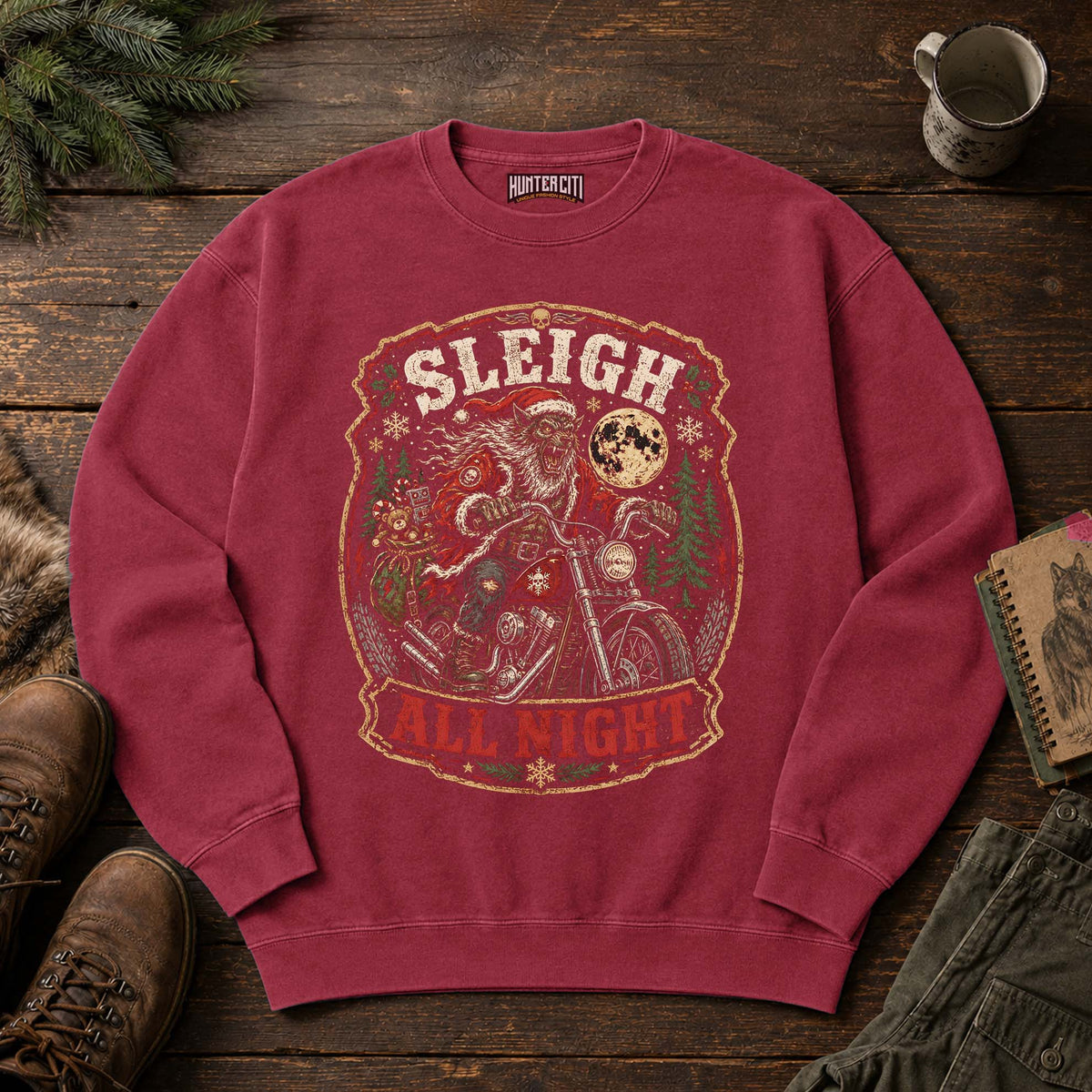 Sleigh All Night Werewolf Santa Biker Sweatshirt