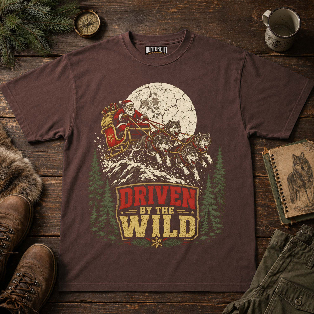 Driven By The Wild Wolf Sleigh Christmas Unisex T-Shirt