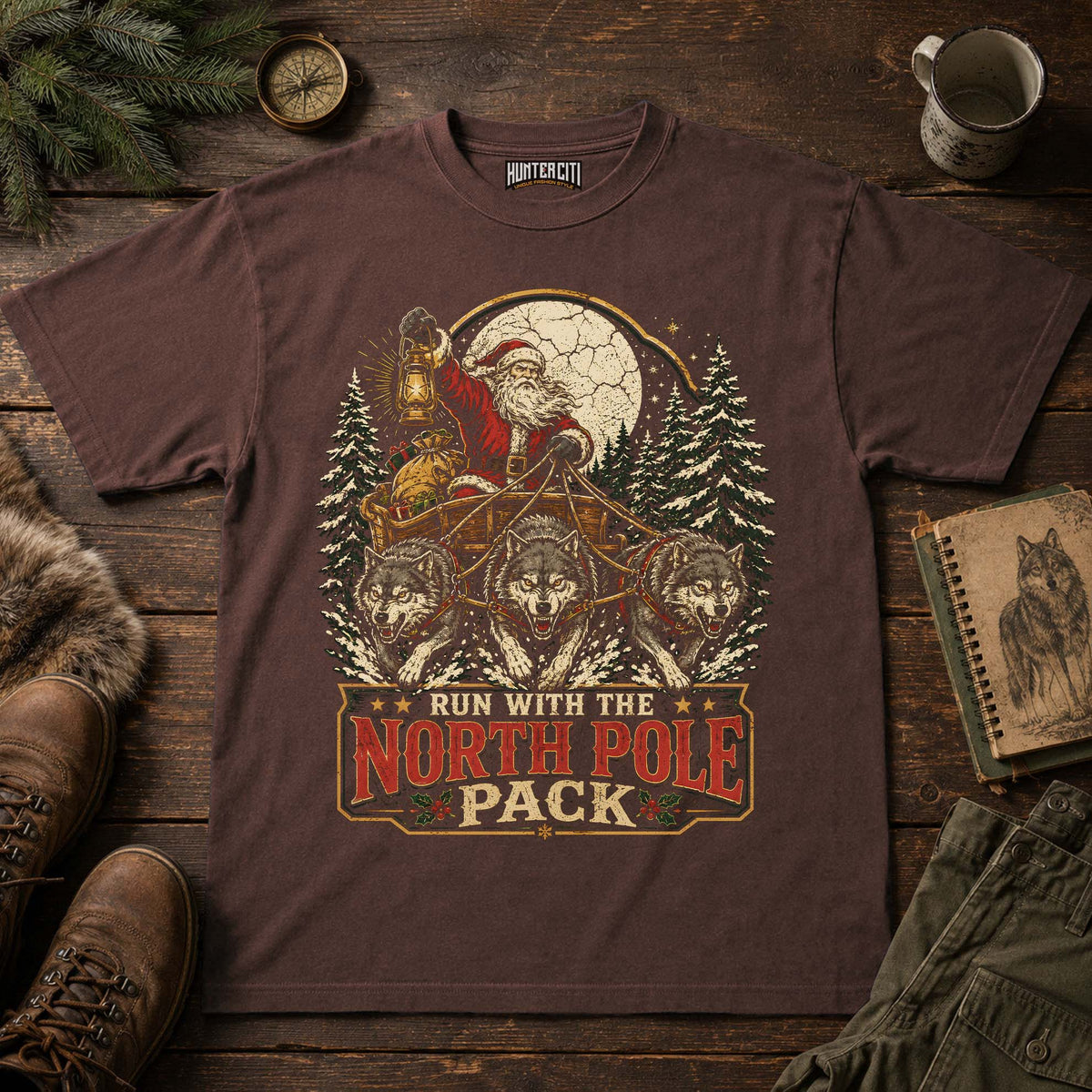 Santa Wolf Sleigh Vintage Christmas Unisex T-Shirt