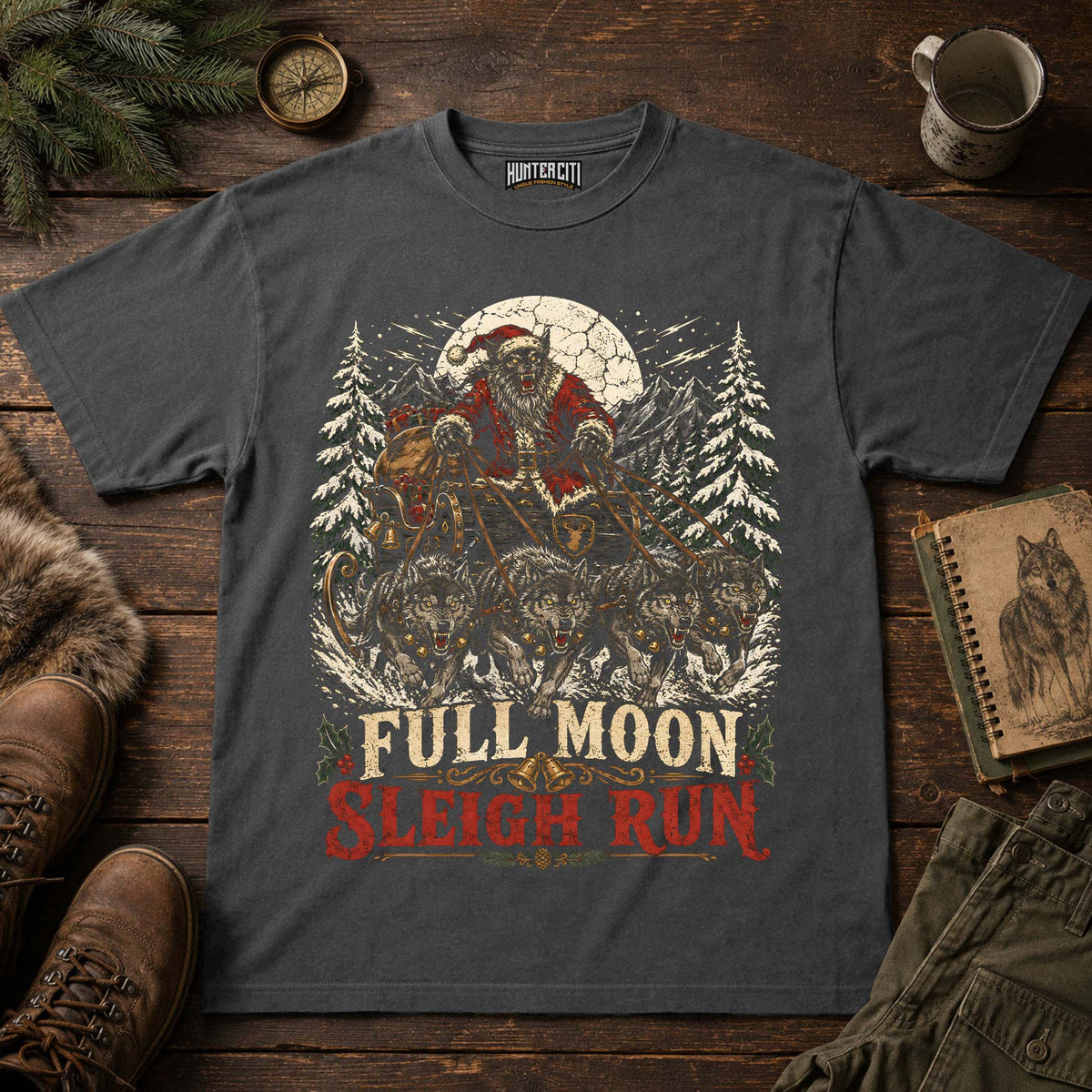 Full Moon Sleigh Run Wolf Christmas T-Shirt