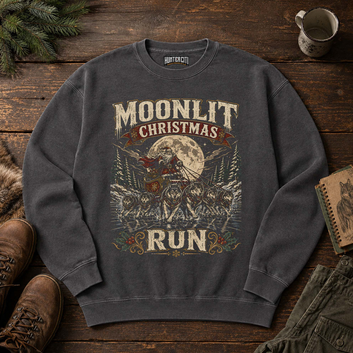 Moonlit Christmas Run Wolf Sleigh Sweatshirt