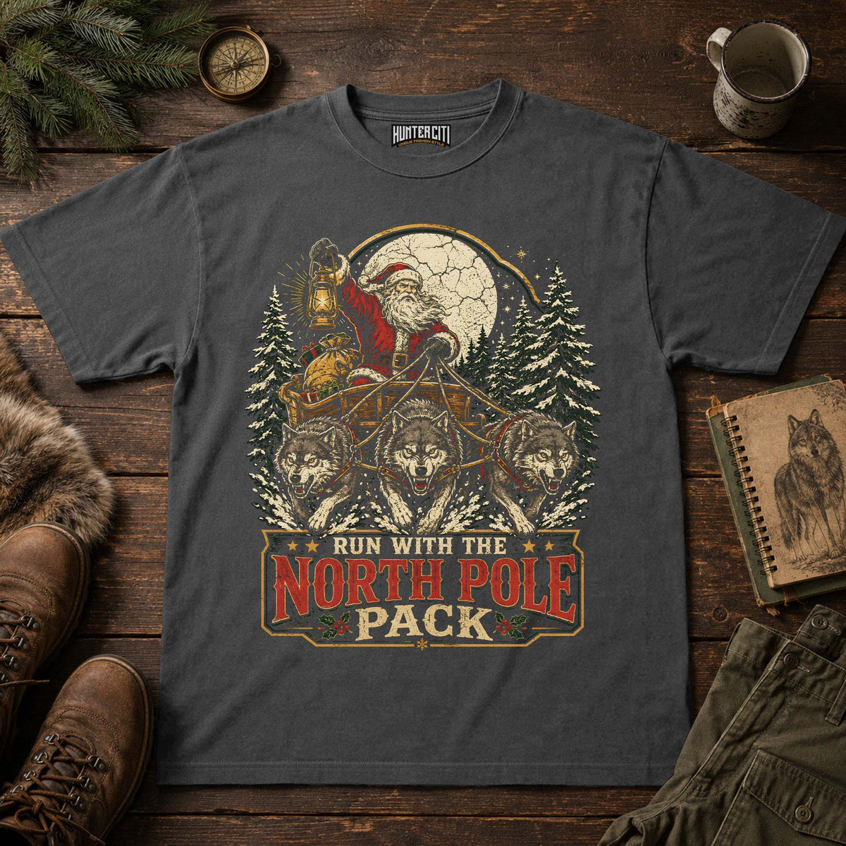 Santa Wolf Sleigh Vintage Christmas Unisex T-Shirt