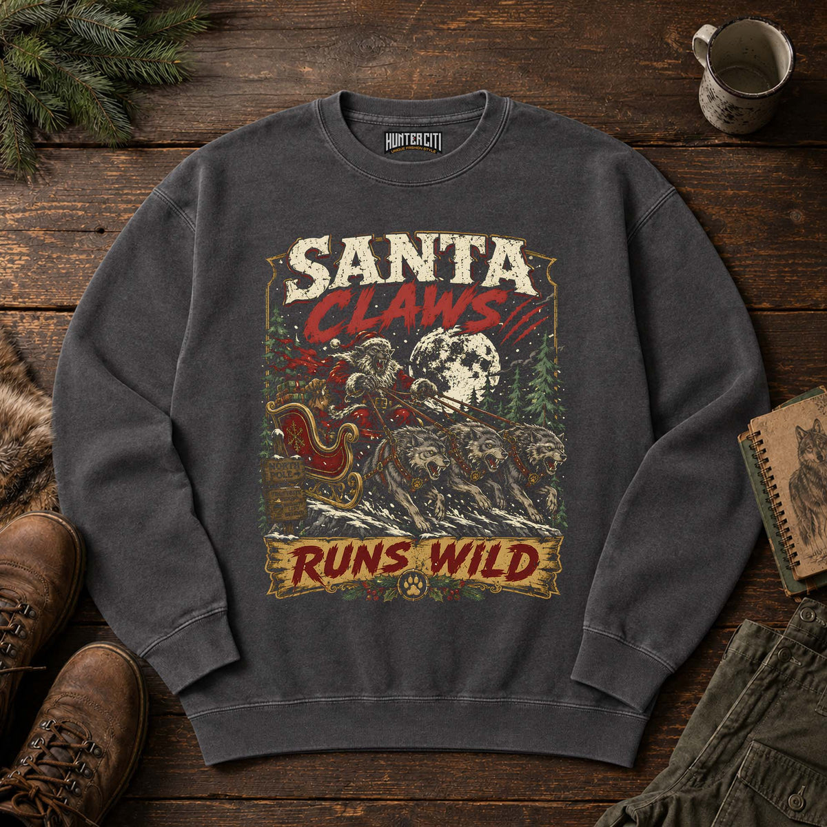 Santa Claws Runs Wild Wolf Sleigh Sweatshirt