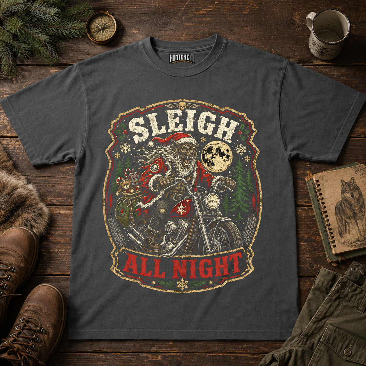 Sleigh All Night Werewolf Santa Biker T-Shirt