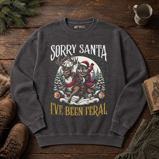 Sorry Santa I've Been Feral Comfort Colors Sweatshirt, Funny Christmas Wolf Riding Reindeer Crewneck, Cozy Holiday Gift