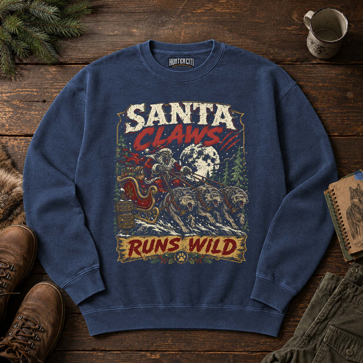 Santa Claws Runs Wild Wolf Sleigh Sweatshirt