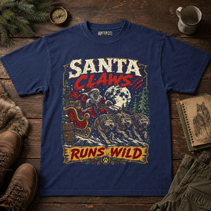 Santa Claws Runs Wild Wolf Sleigh T-Shirt