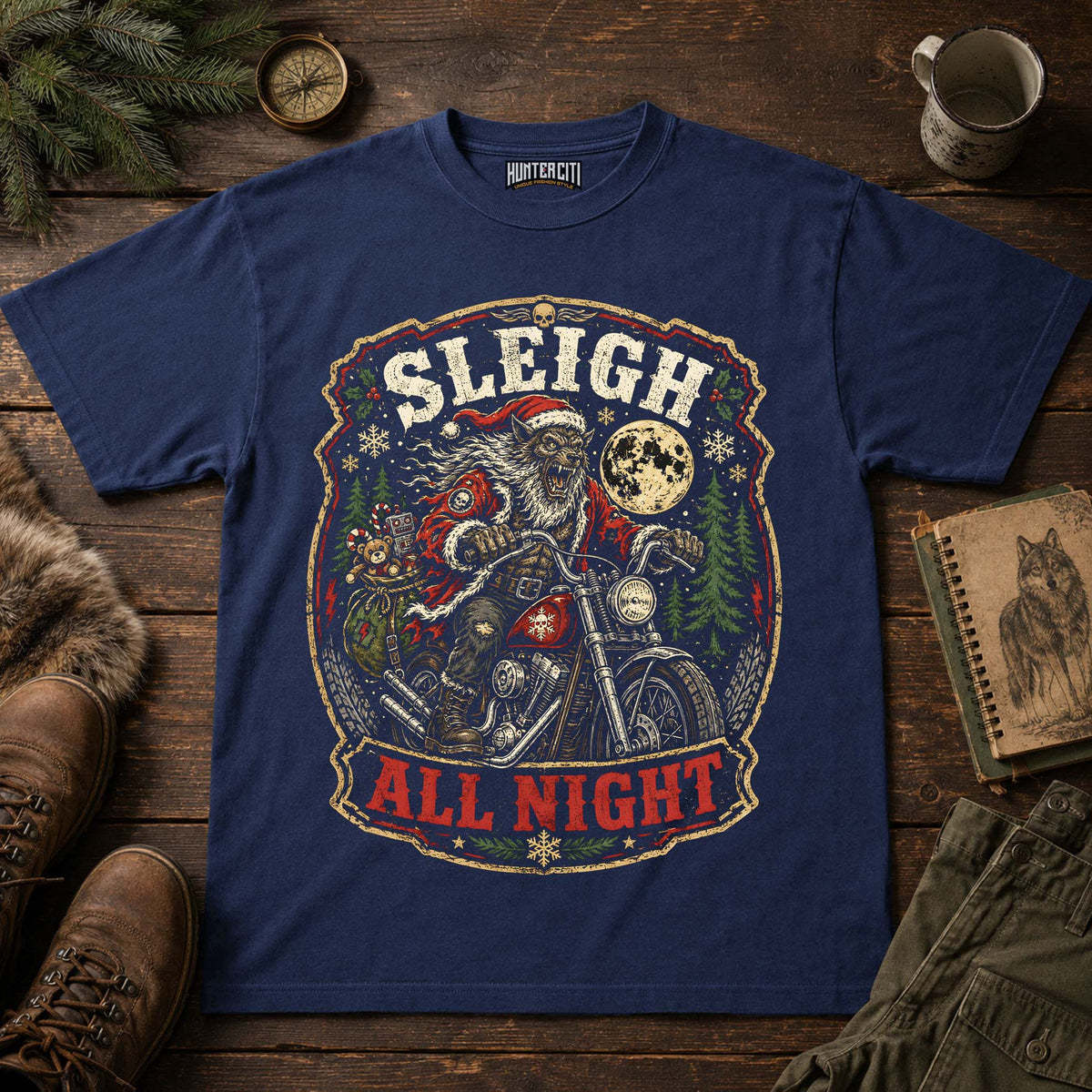 Sleigh All Night Werewolf Santa Biker T-Shirt