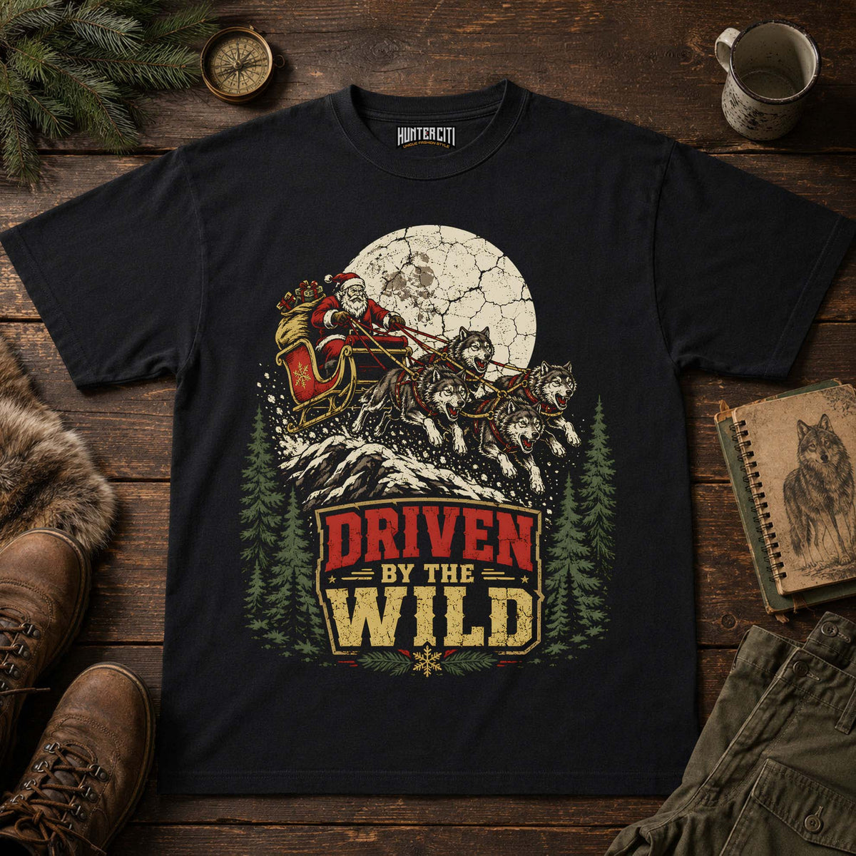 Driven By The Wild Wolf Sleigh Christmas Unisex T-Shirt