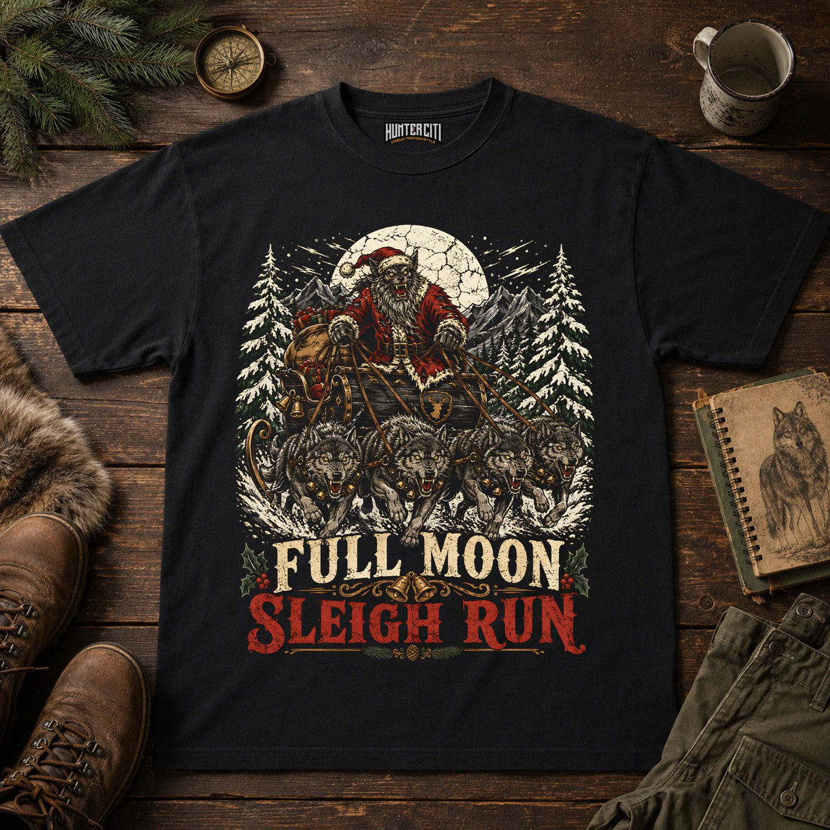 Full Moon Sleigh Run Wolf Christmas T-Shirt
