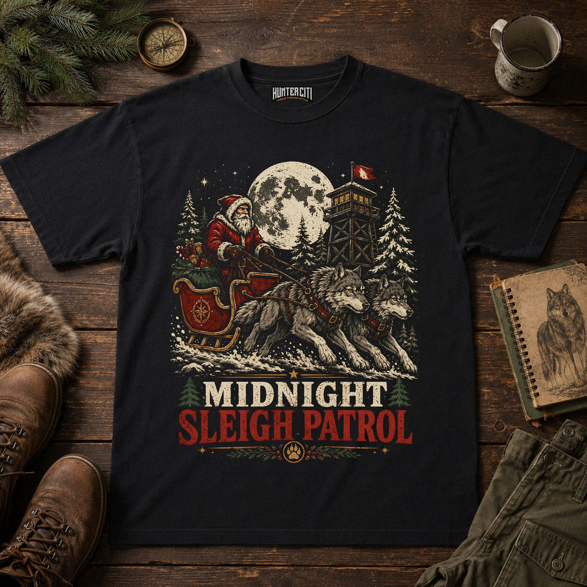 Midnight Sleigh Patrol Wolf Christmas Unisex T-Shirt