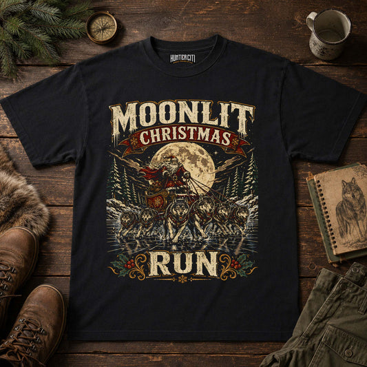 Moonlit Christmas Run Wolf Sleigh T-Shirt