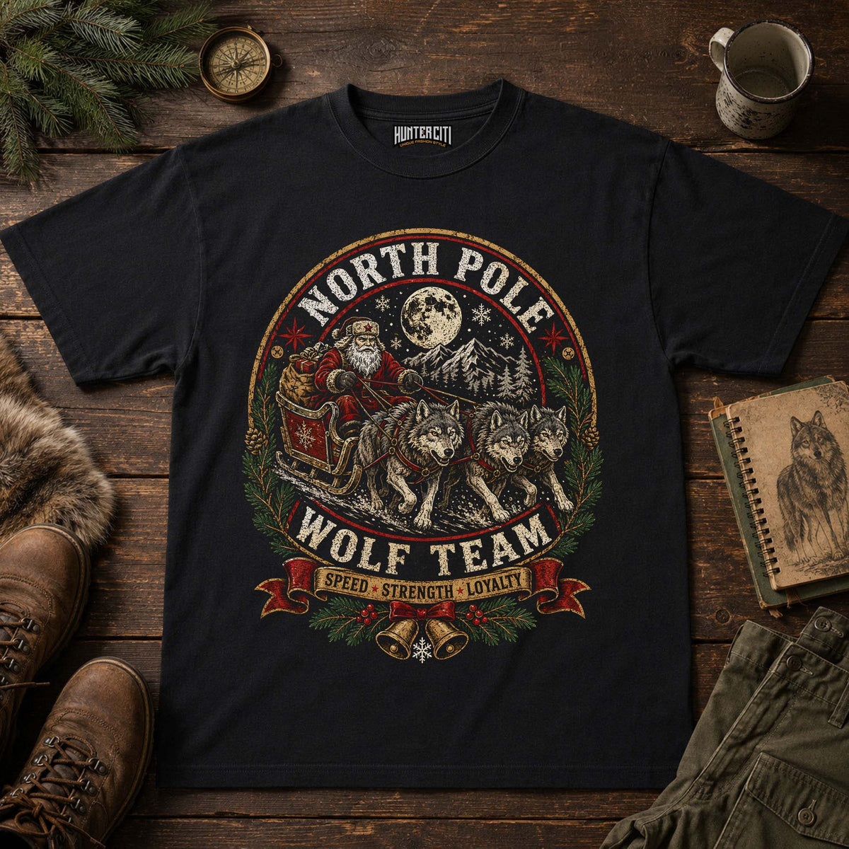 North Pole Wolf Team Vintage Christmas T-Shirt