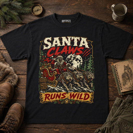 Santa Claws Runs Wild Wolf Sleigh T-Shirt