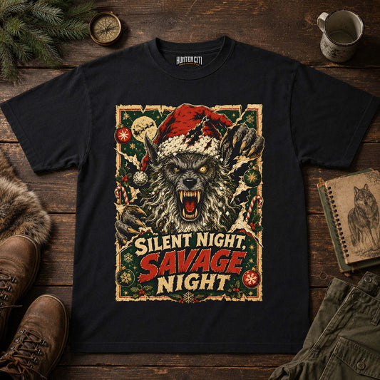 Silent Night Savage Night Wolf Christmas T-Shirt