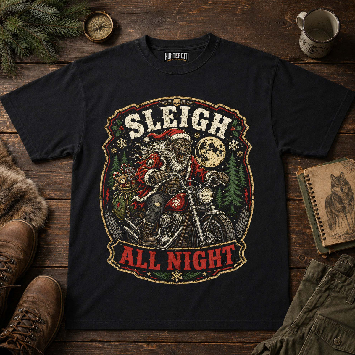 Sleigh All Night Werewolf Santa Biker T-Shirt
