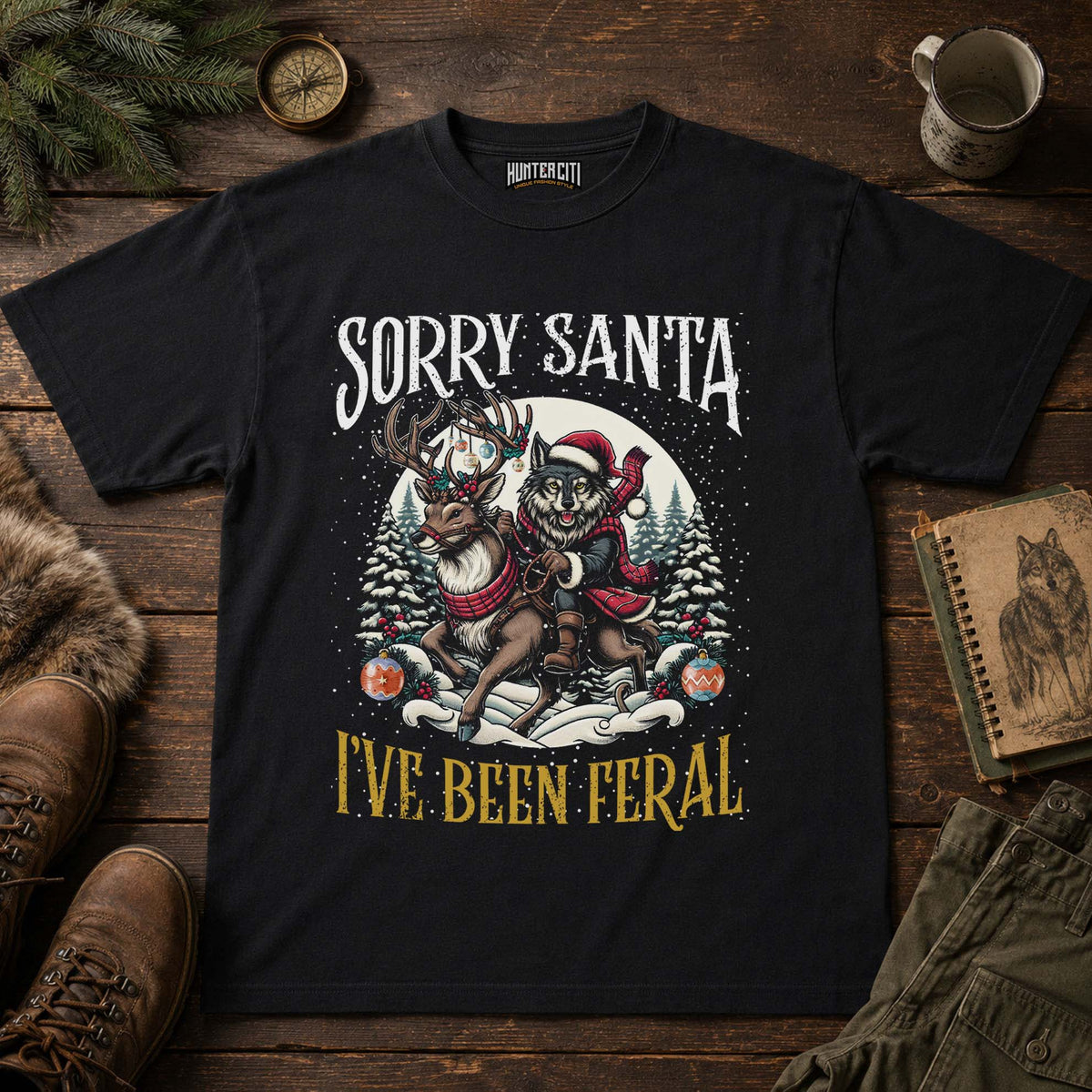 Sorry Santa I've Been Feral Comfort Colors 1717 Shirt, Funny Christmas Wolf Riding Reindeer Graphic Tee, Holiday Gift Tee