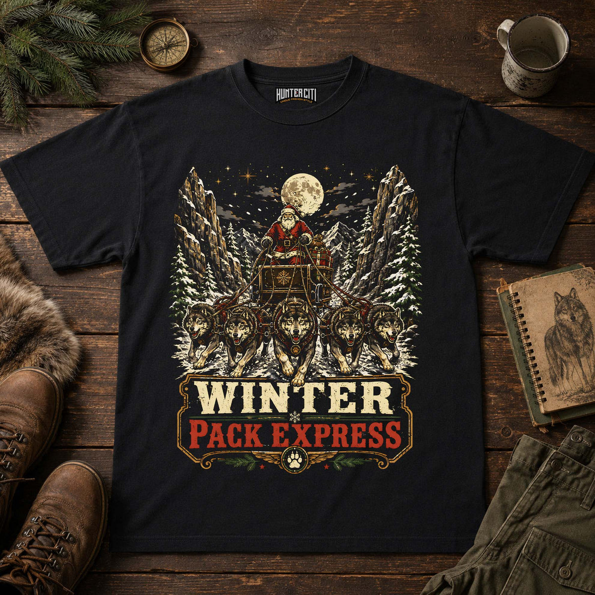 Winter Pack Express Wolf Sleigh Christmas T-Shirt