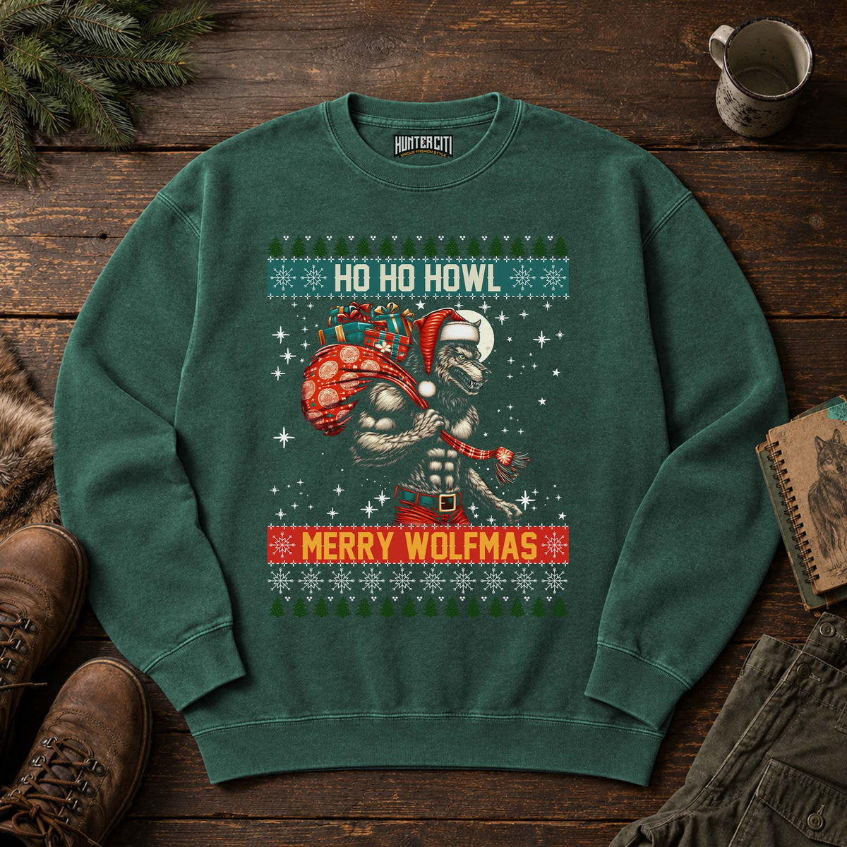 Ho Ho Howl Merry Wolfmas Comfort Colors 1566 Sweatshirt, Funny Christmas Wolf Graphic Crewneck, Ugly Sweater Style Holiday Gift