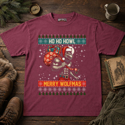 Ho Ho Howl Merry Wolfmas Comfort Colors 1717 Shirt, Funny Christmas Wolf Graphic Tee, Retro Ugly Sweater Style Holiday Gift