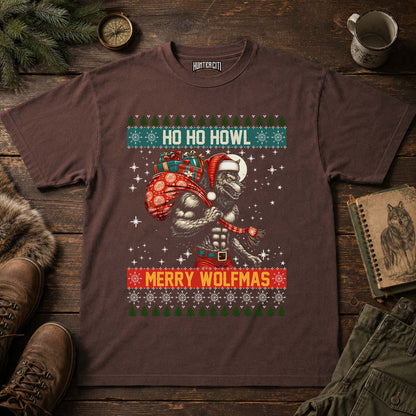 Ho Ho Howl Merry Wolfmas Comfort Colors 1717 Shirt, Funny Christmas Wolf Graphic Tee, Retro Ugly Sweater Style Holiday Gift