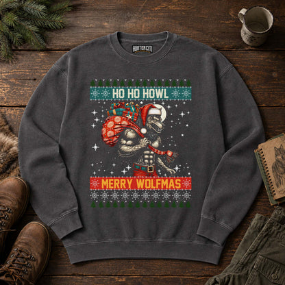 Ho Ho Howl Merry Wolfmas Comfort Colors 1566 Sweatshirt, Funny Christmas Wolf Graphic Crewneck, Ugly Sweater Style Holiday Gift