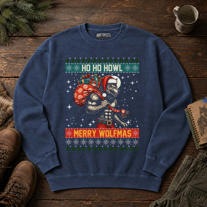Ho Ho Howl Merry Wolfmas Comfort Colors 1566 Sweatshirt, Funny Christmas Wolf Graphic Crewneck, Ugly Sweater Style Holiday Gift