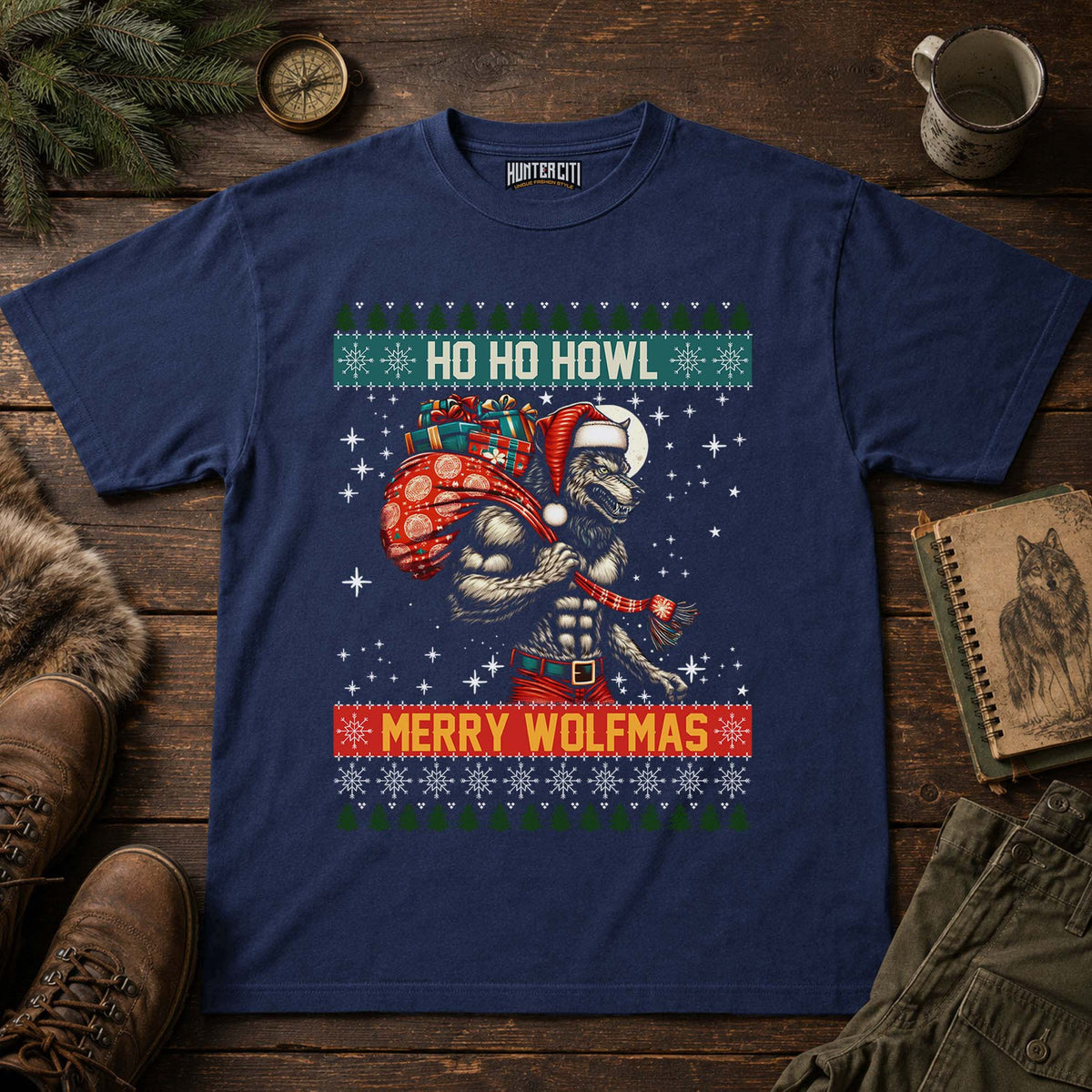 Ho Ho Howl Merry Wolfmas Comfort Colors 1717 Shirt, Funny Christmas Wolf Graphic Tee, Retro Ugly Sweater Style Holiday Gift