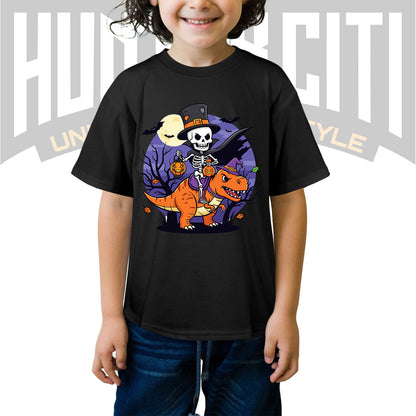 Skeleton Riding Mummy T Rex Halloween Funny Pumpkin Kids T-Shirt - Cute Dinosaur Skeleton Halloween Shirt for Boys and Girls