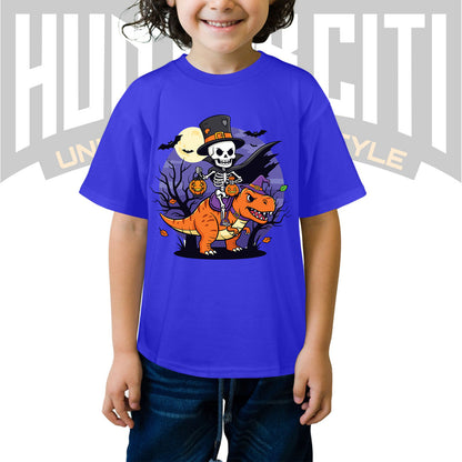 Skeleton Riding Mummy T Rex Halloween Funny Pumpkin Kids T-Shirt - Cute Dinosaur Skeleton Halloween Shirt for Boys and Girls