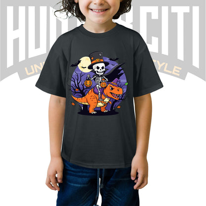 Skeleton Riding Mummy T Rex Halloween Funny Pumpkin Kids T-Shirt - Cute Dinosaur Skeleton Halloween Shirt for Boys and Girls