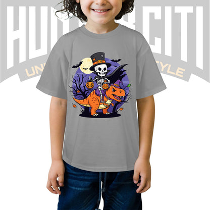 Skeleton Riding Mummy T Rex Halloween Funny Pumpkin Kids T-Shirt - Cute Dinosaur Skeleton Halloween Shirt for Boys and Girls