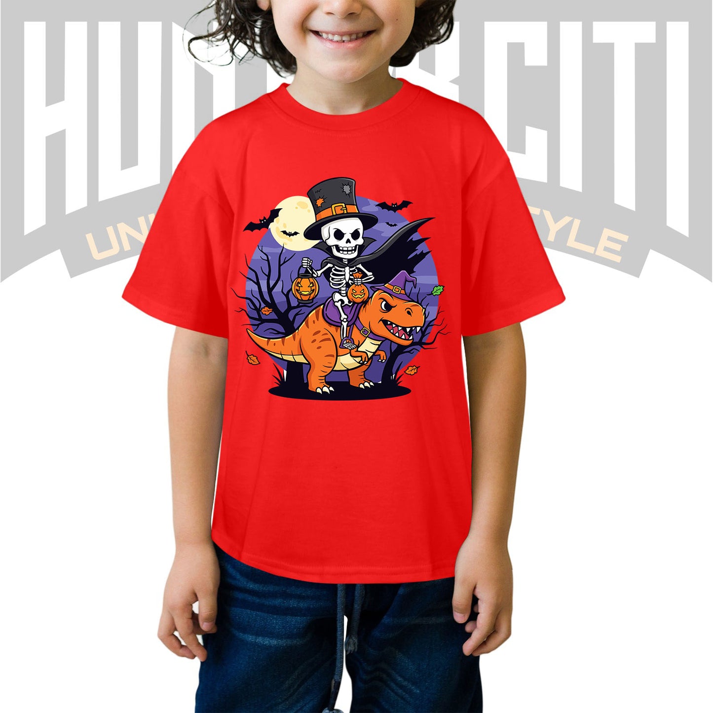 Skeleton Riding Mummy T Rex Halloween Funny Pumpkin Kids T-Shirt - Cute Dinosaur Skeleton Halloween Shirt for Boys and Girls