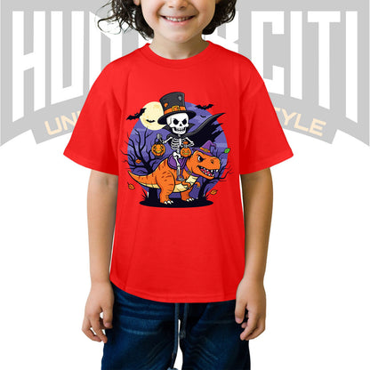 Skeleton Riding Mummy T Rex Halloween Funny Pumpkin Kids T-Shirt - Cute Dinosaur Skeleton Halloween Shirt for Boys and Girls