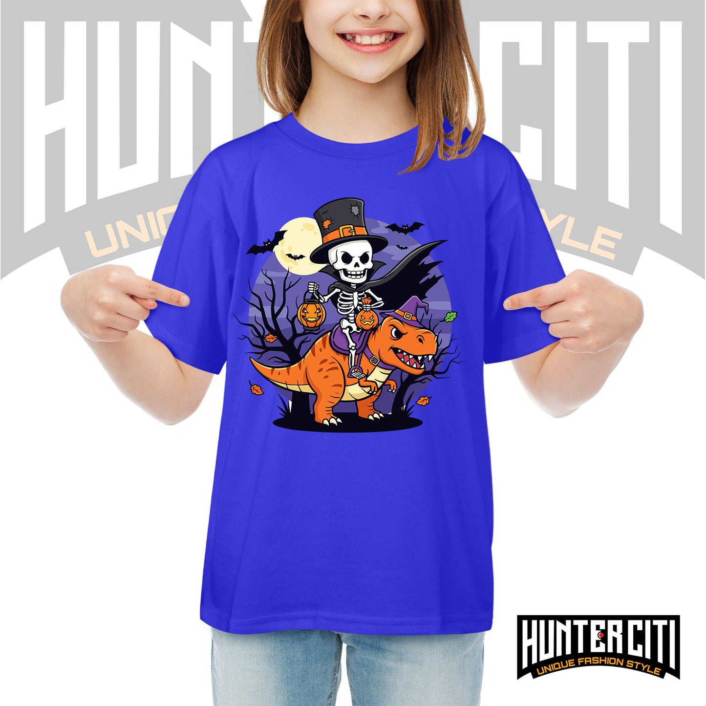 Skeleton Riding Mummy T Rex Halloween Funny Pumpkin Kids T-Shirt - Cute Dinosaur Skeleton Halloween Shirt for Boys and Girls